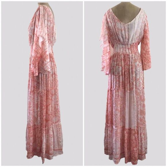 Anthropologie Me 2 Magic Pink V Neck Short Flutter Sleeve Printed Maxi Dress - L - Picture 2 of 10